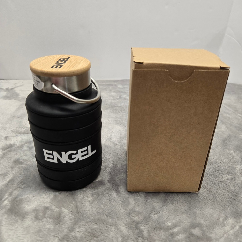 Engel Collapsible Silicone Water Bottle Black Bamboo Lid Expandable Travel Flask